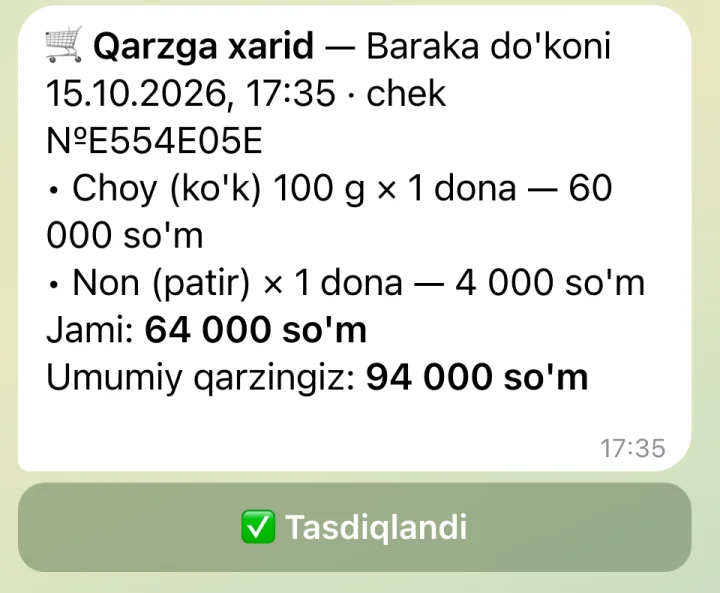 Qarzga xarid — Tasdiqlandi