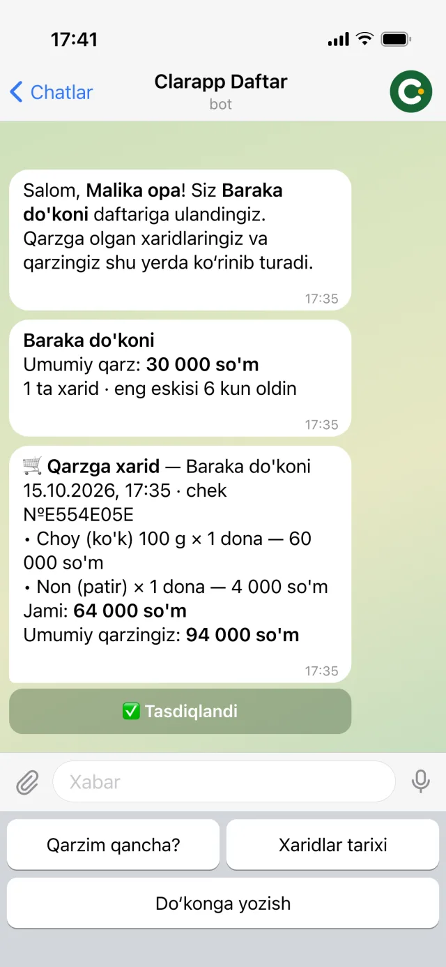 Raqamli daftar: xaridor qarzini Telegramda tasdiqlaydi